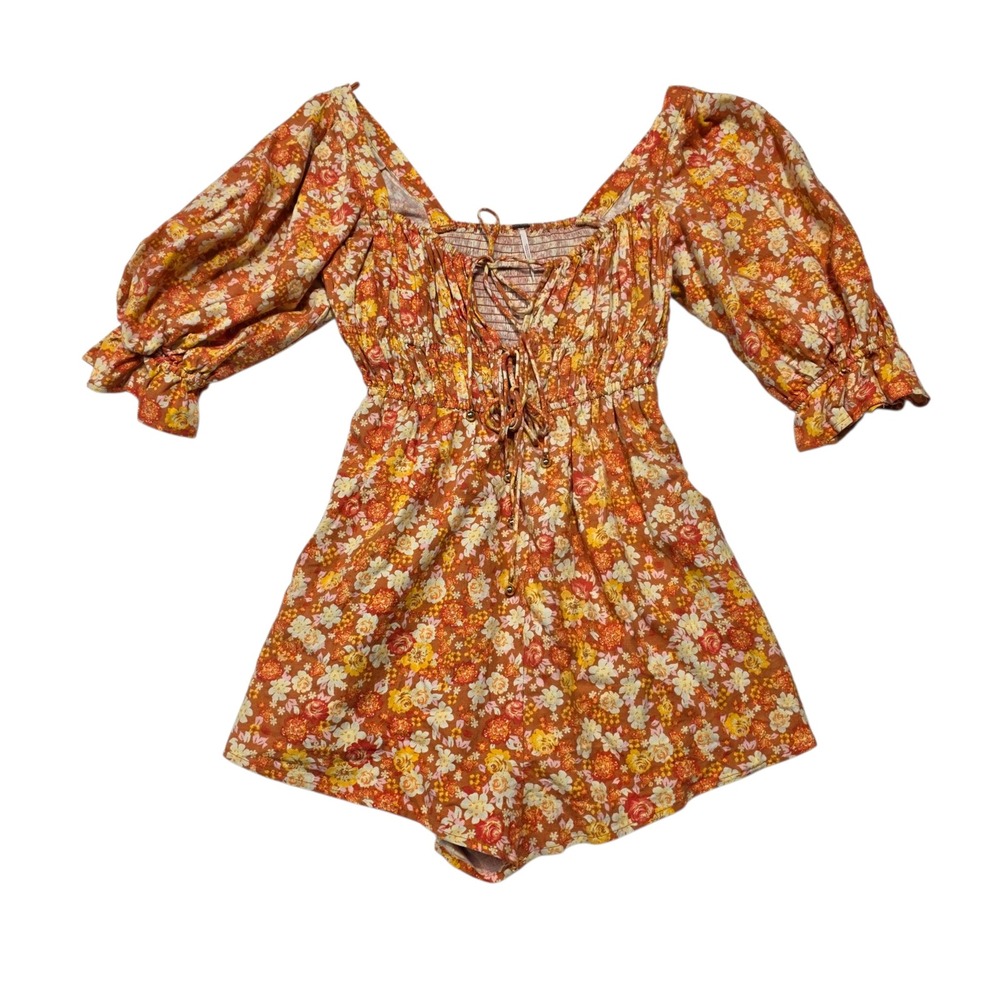 Free People Flower Fields Romper Womens Small Orange Floral Linen Puff Sleeve